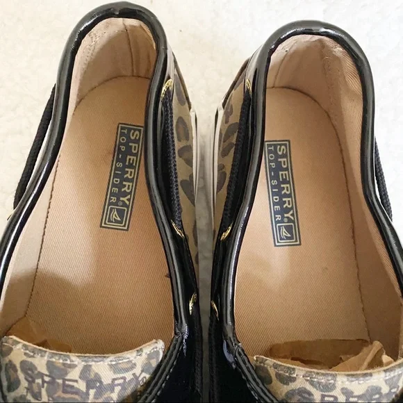 Sperry Leopard Biscayne Patent Leather Top Sider Boat Shoe Tan Black 10 - Picture 6 of 13